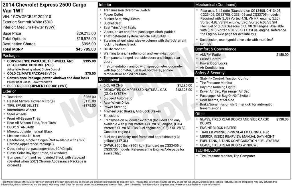 2014 Chevrolet Express 2500 Work Van Cargo